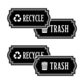 Four black waterproof vinyl recycle and trash decals with logo symbols for in-home bins and garbage containers.