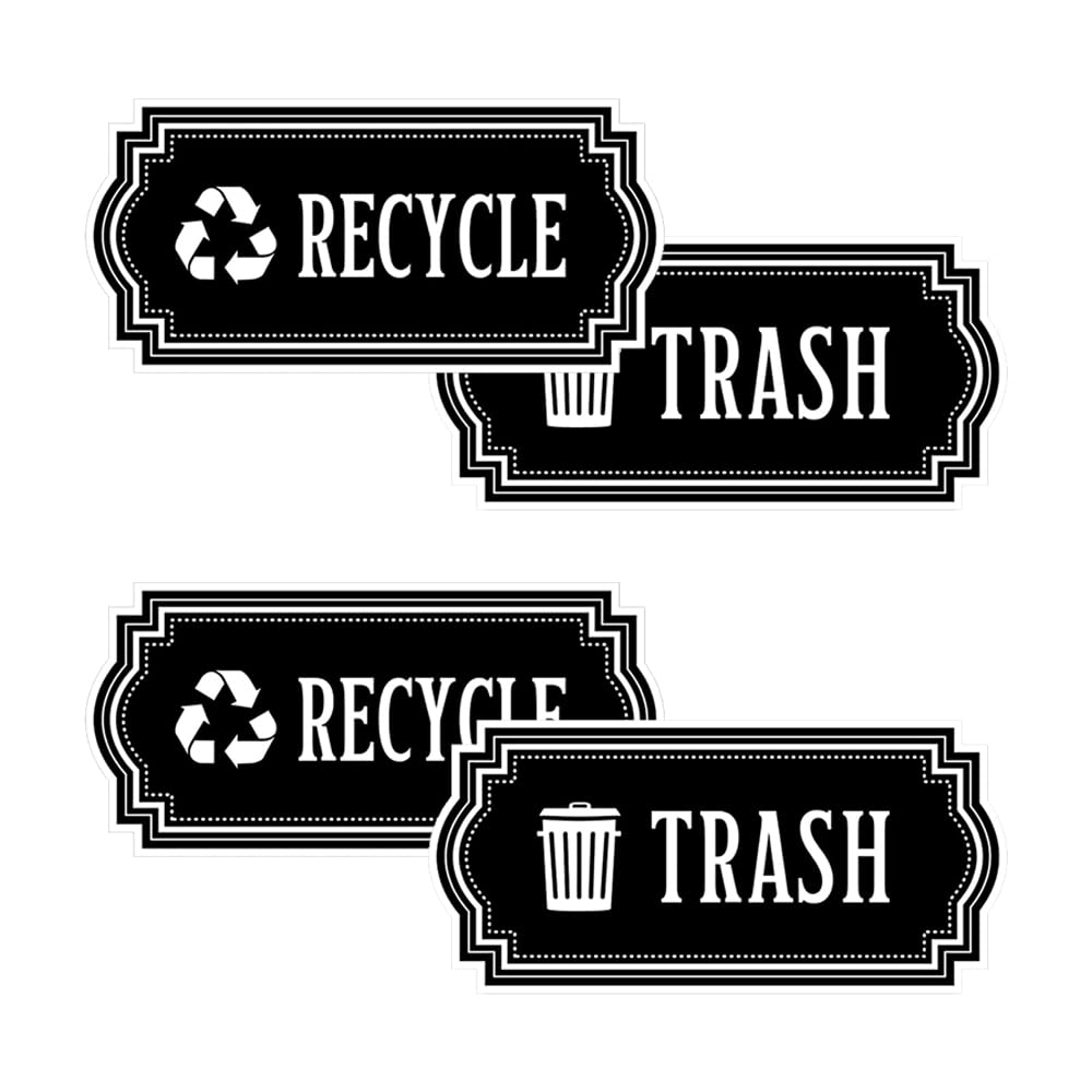 Four black waterproof vinyl recycle and trash decals with logo symbols for in-home bins and garbage containers.