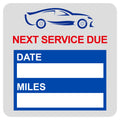 Set of 60 blue 2x2 inch static cling labels for "Next Service Due" oil change reminders, easy to remove windshield stickers.