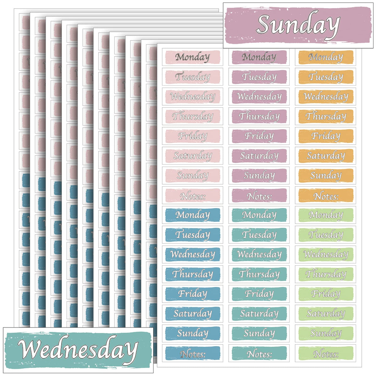 Set of 480 silver foiled day of the week stickers for planners, featuring Monday to Sunday date covers and decorative labels.