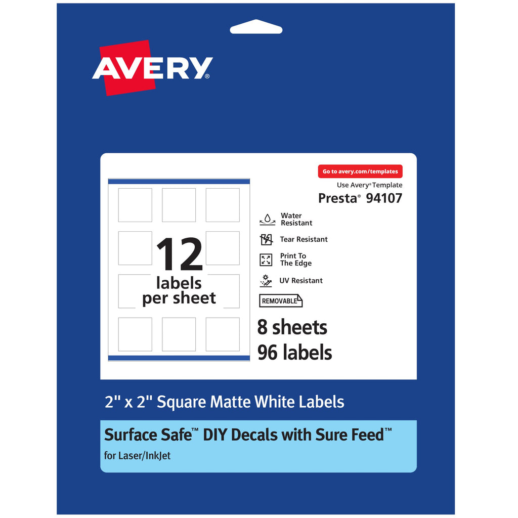 Avery® Durable Removable Square Labels, Sure Feed® Technology, 2" x 2", Matte White Film, Water-Resistant, Print-to-The-Edge, Laser/Pigment-Based Inkjet Printable, 96 Total 96 labels