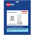 Avery® Durable Removable Square Labels, Sure Feed® Technology, 2" x 2", Matte White Film, Water-Resistant, Print-to-The-Edge, Laser/Pigment-Based Inkjet Printable, 96 Total 96 labels
