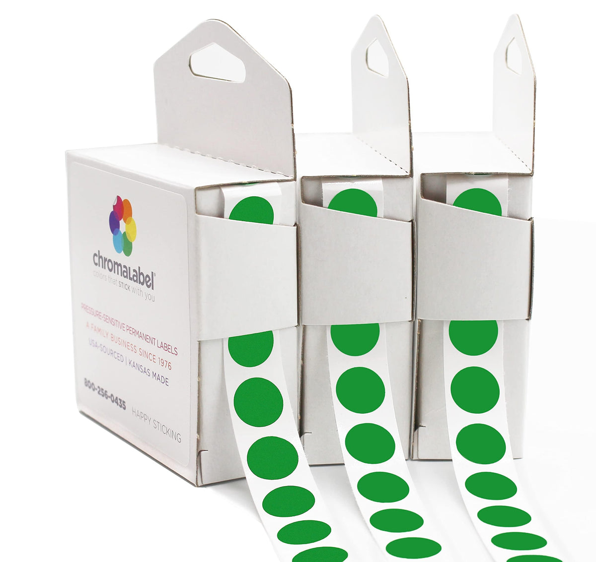ChromaLabel green permanent adhesive color-coding labels, 0.50 inch dots, 3 pack with 1000 stickers per dispenser box.