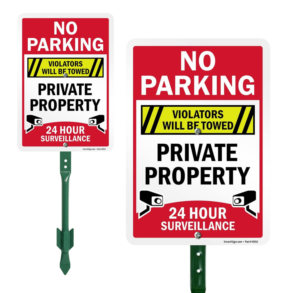 SmartSign 10 x 7 inch 'No Parking Violators Towed, Private Property, 24 Hour Surveillance' LawnPuppy Yard Sign and 18 inch Stake Kit, 40 mil Laminated Rustproof Aluminum, Set of 1 7" x 10" Aluminum Sign with 18" Stake