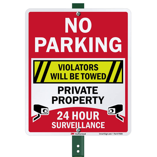SmartSign 12" x 10" 'No Parking Violators Towed Private Property 24 Hour Surveillance' Yard Sign with 3 ft Stake, 40 mil Aluminum, 3M Laminated Engineer Grade Reflective, Set of 1 10" x 12" Reflective Aluminum Sign with 3' Stake