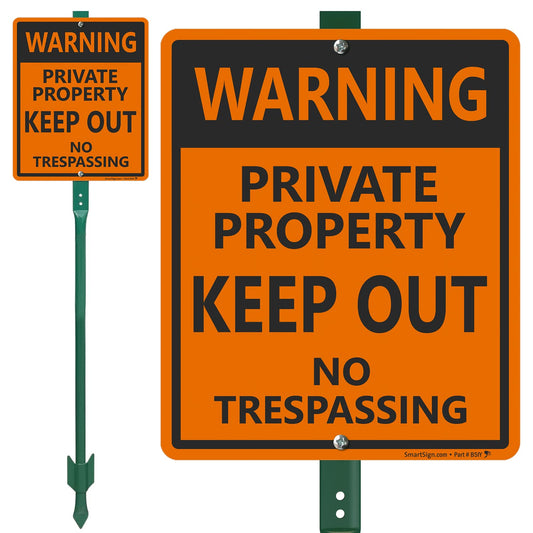 SmartSign 12 x 10 inch “Warning - Private Property, Keep Out, No Trespassing” LawnBoss Yard Sign with 3 foot Stake, 40 mil Laminated Rustproof Aluminum, Black and Orange, Set of 1
