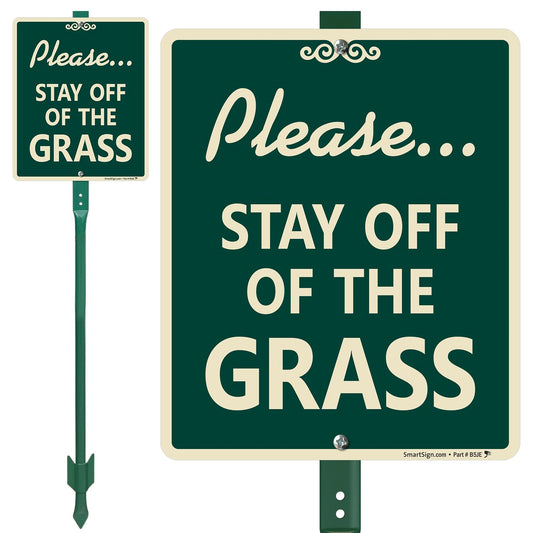 SmartSign 12 x 10 inch “Please Stay Off Of The Grass” LawnBoss Yard Sign with 3 foot Stake, 40 mil Laminated Rustproof Aluminum, White and Green, Set of 1