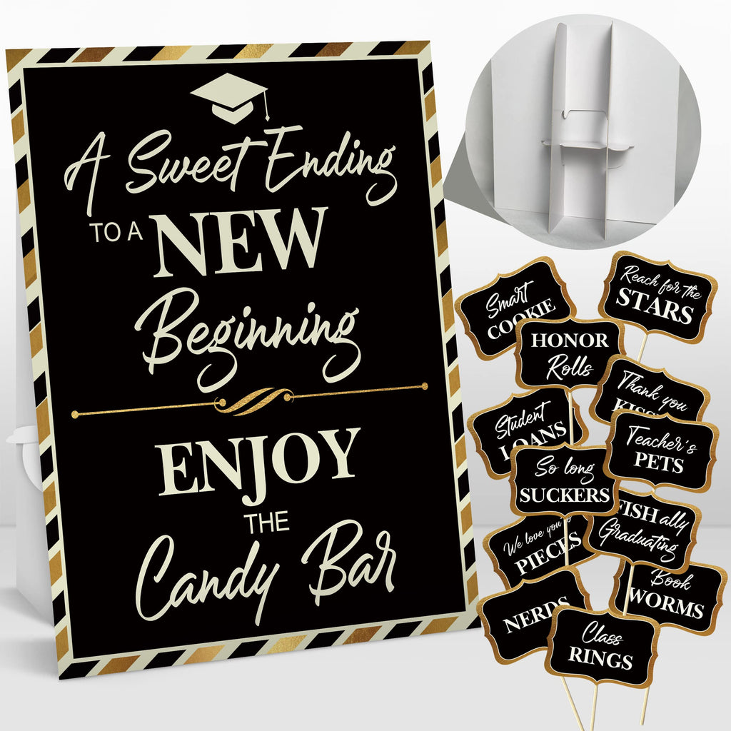 2026 Graduation Candy Buffet Signs Decorations, Black Gold Grad Party Candy Bar Signs Set Graduation Party Dessert Food Decorations