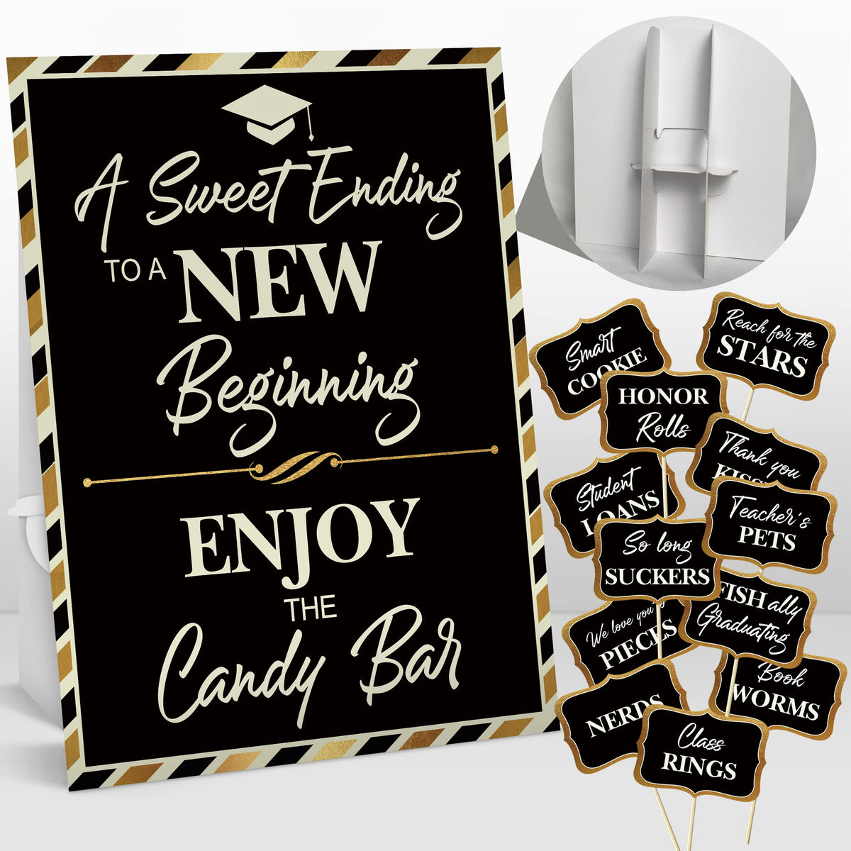 2026 Graduation Candy Buffet Signs Decorations, Black Gold Grad Party Candy Bar Signs Set Graduation Party Dessert Food Decorations