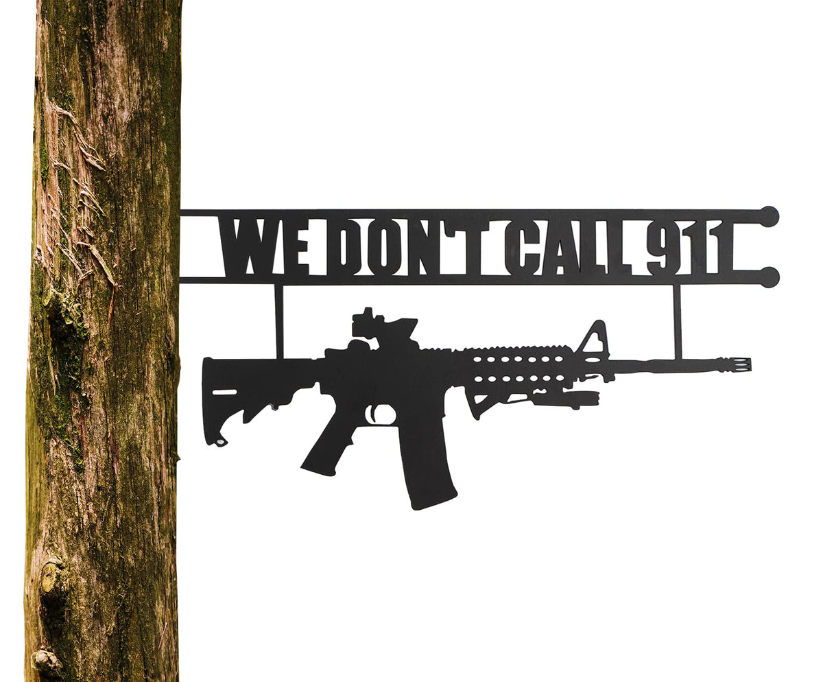 No Trespassing Sign "You're In Range" Metal Wall Tree Hanger Decor – Outdoor Indoor Gun Owners "We Don't Call 911" Monogram Display – Heavy Duty Steel Security Warning – Home Protection – 12.5" Tall We Don't Call 911
