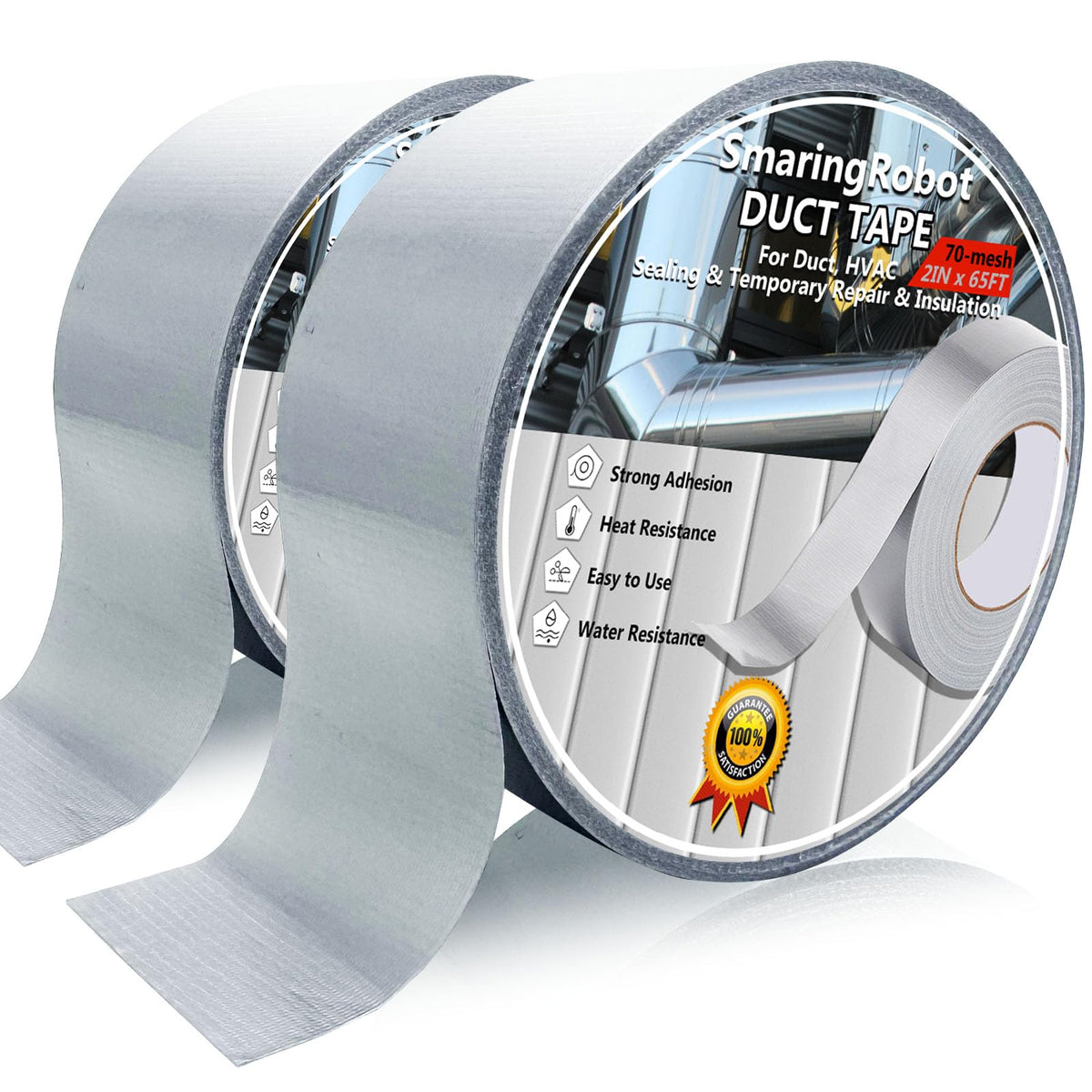 2 Pack Duct Tape Heavy Duty, Waterproof, Heat Resistant, Strong Adhesive Packaging Tape for HVAC, Home Improvement, Outdoor, Packing Boxes, Pipe Insulation, Window Sealing (21 Yards x 2 Inch) 2 Rolls, 2" x 21 Yds Silver