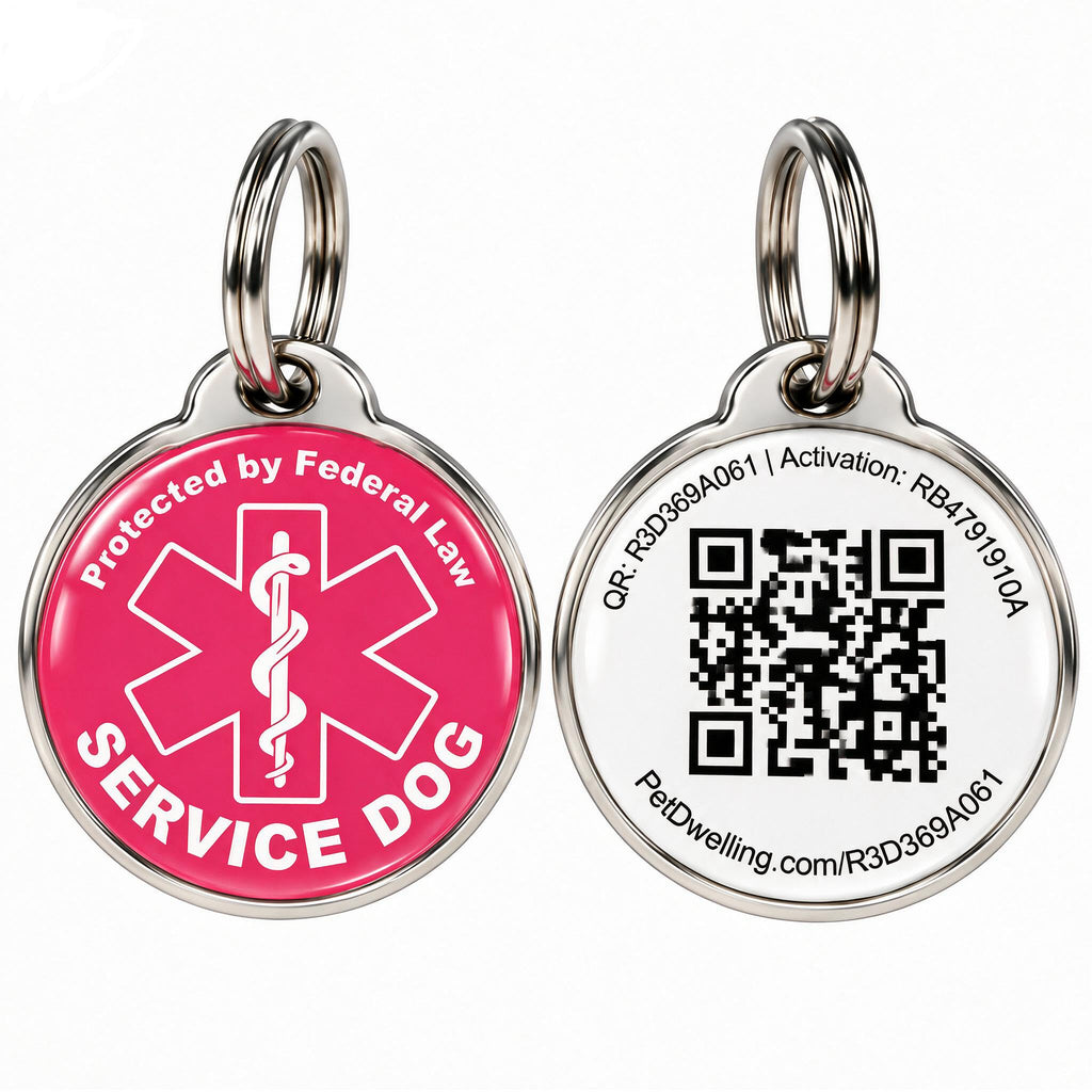 Pet Dwelling Service Dog Tag with QR Code & Medical Symbol Pink