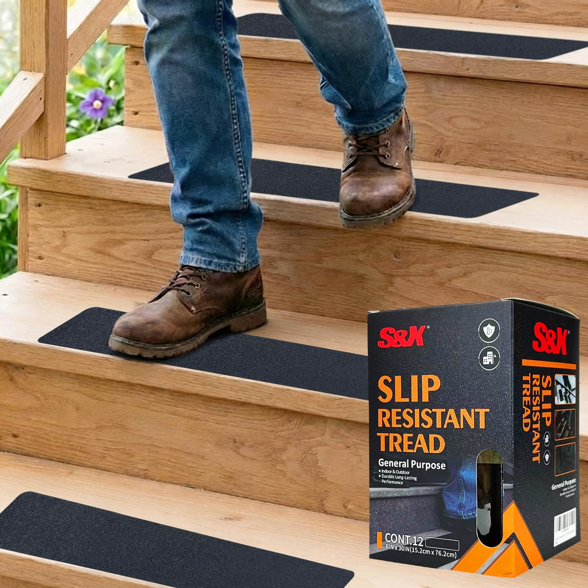 S&X Stair Treads Non-Slip Outdoor Grip Tape, 12-Pack, 6” x 30” Pre-Cut Anti Slip Tape, Black 6" x 30"