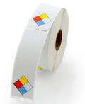 Two rolls of Labelvalue Dymo RTK/MSDS chemical hazard labels with NFPA diamond design for industrial safety documentation.