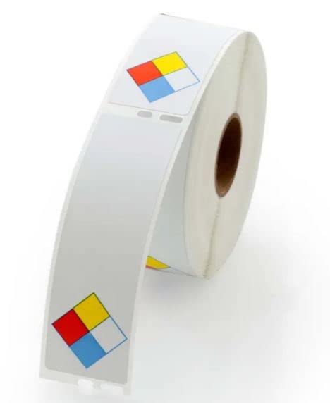 Two rolls of Labelvalue Dymo RTK/MSDS chemical hazard labels with NFPA diamond design for industrial safety documentation.