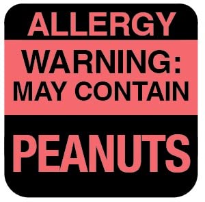 ChromaLabel 1 Inch permanent square allergy warning labels with peanut allergy color code, 1,000 per pack, for safety and identification.