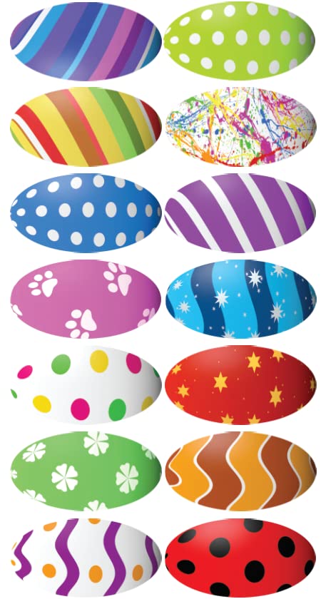 ChromaLabel 1x2 inch oval Easter egg label seals, imprinted, in a pack of 112, featuring colorful designs for holiday crafts.
