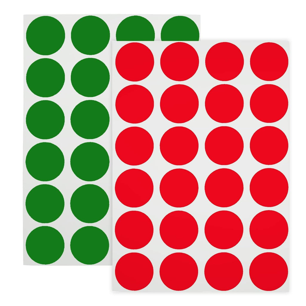 ChromaLabel 0.75-inch removable color code dot labels in red and green on sheets, 1200 stickers per pack for organization and coding.
