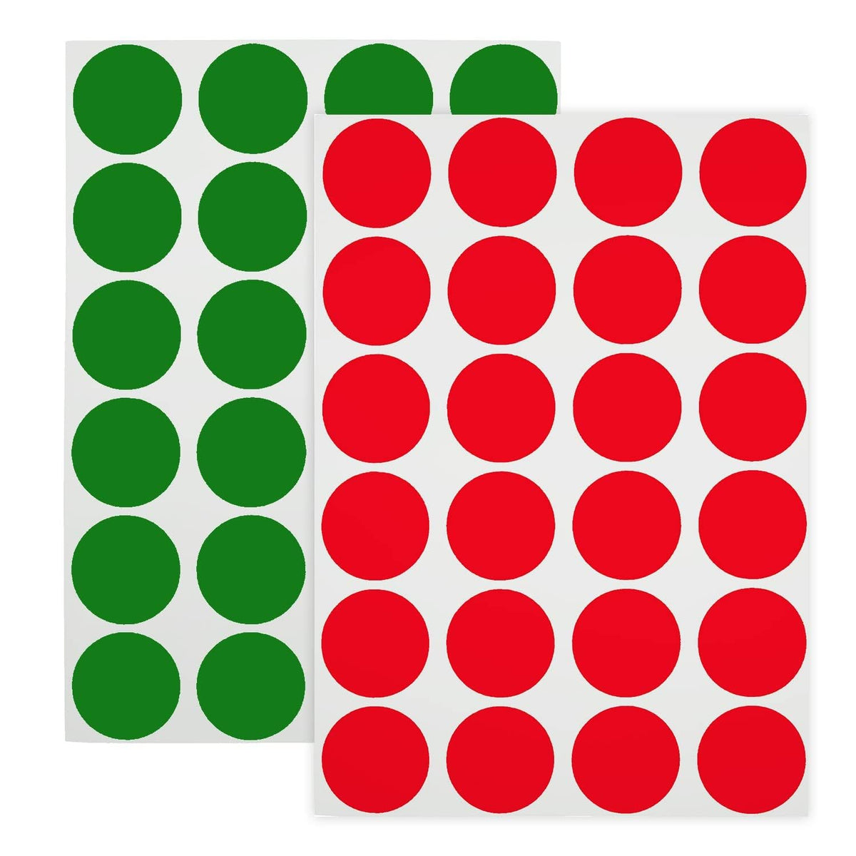 ChromaLabel 0.75-inch removable color code dot labels in red and green on sheets, 1200 stickers per pack for organization and coding.