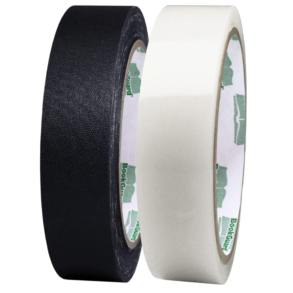 BookGuard 1-inch black cloth and clear poly tape kit with color-coding labels, includes two 45-foot rolls for book repair.