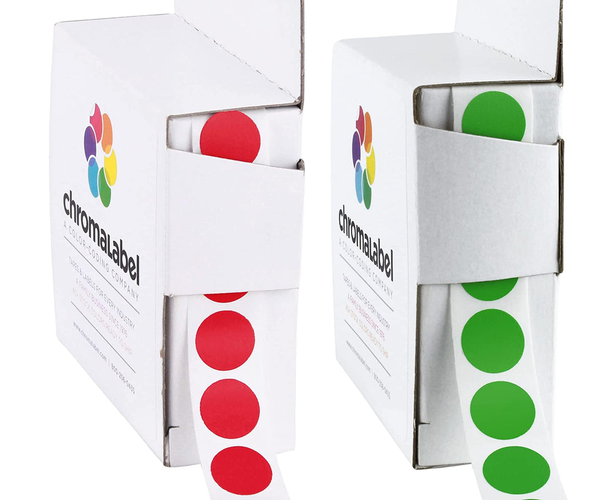 ChromaLabel 1/2 inch permanent color-coding labels with green and red dots, 2 boxes, 1000 labels per box, for organization and labeling.