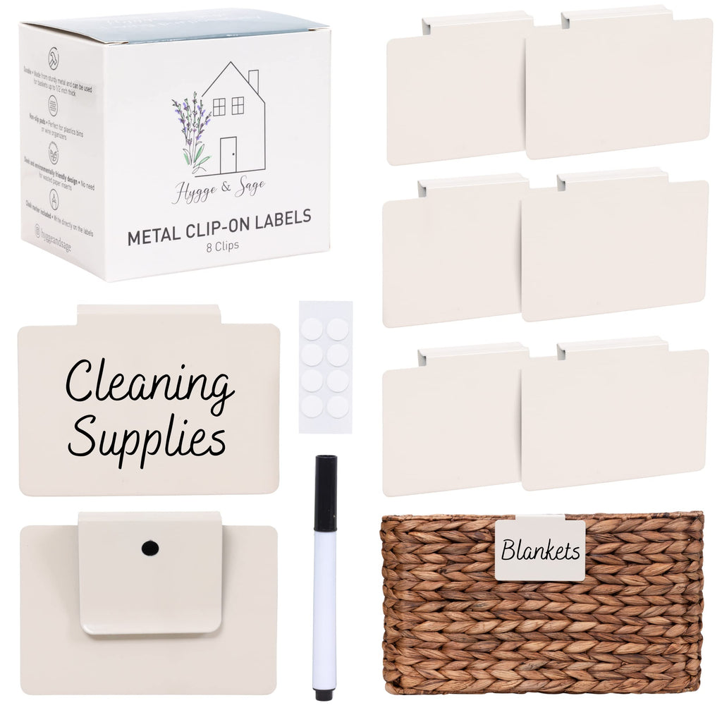 Hygge & Sage: Metal Non-Slip Basket Labels Clip On for Storage Bins, or Wire Racks | Includes 8 Labels, 8 Non-Slip Pads, and 1 Free Marker (Cream) Cream