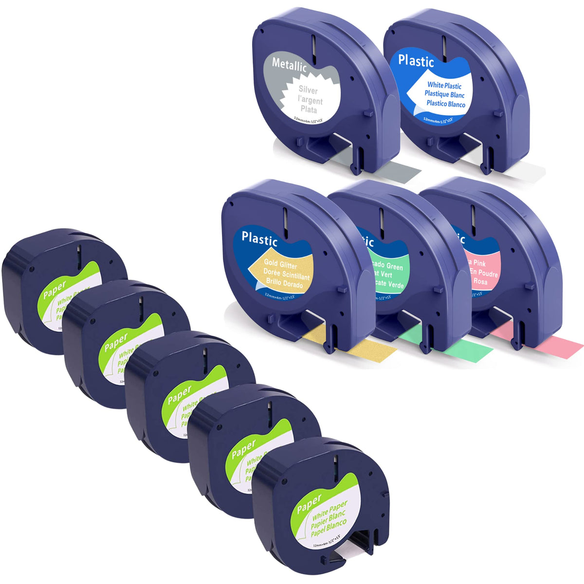 5 Paper + 5 Plastic Label Tape Replacement for Dymo Label Maker Refills 12mm x 4m 1/2'' x 13'