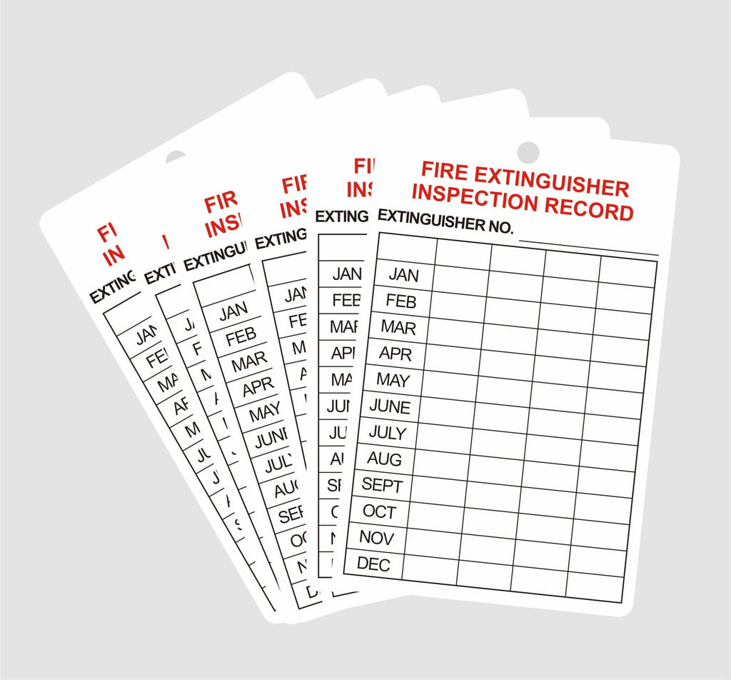 Set of 10 plastic fire extinguisher inspection tags by M MeshaKippa, 3.2x5 inch with adjustable wire ties for monthly safety checks