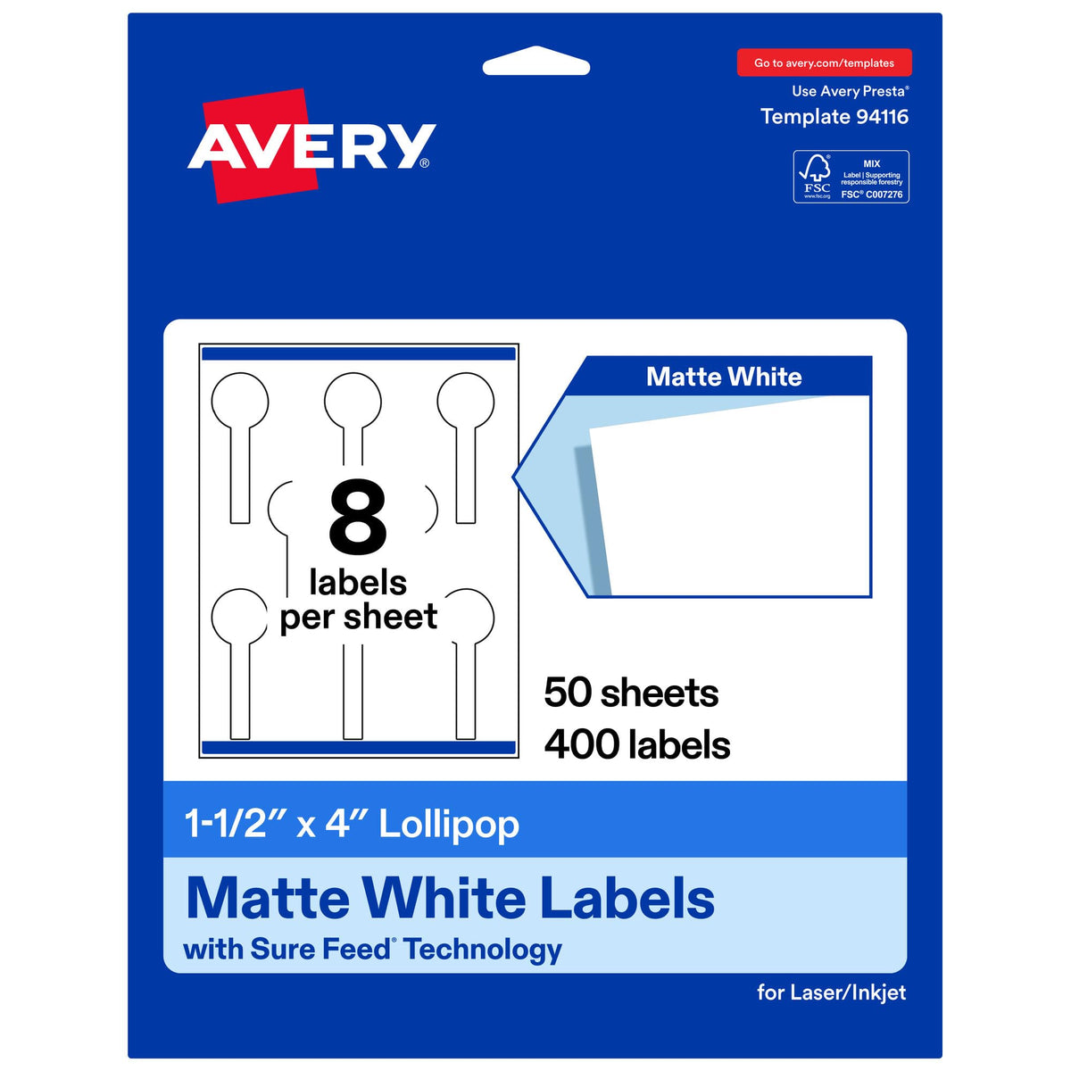 Avery® Matte White Lollipop Labels, 1.5" x 4", 400 Total 400 labels
