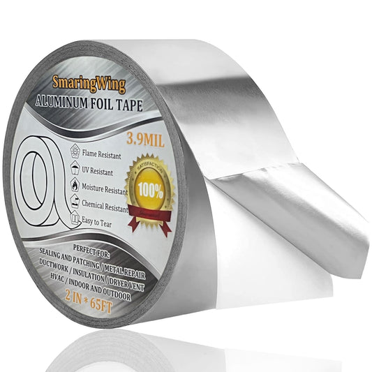 Aluminum Foil Duct Tape Heavy Duty Waterproof, Premium Silver Metal HVAC Heat Tapes (2"*65Feet,3.9mil), High Temperature, Dryer Vent Insulation Tape for Ductwork, Ducting, Sealing, Patching, Furnace 1-Pack