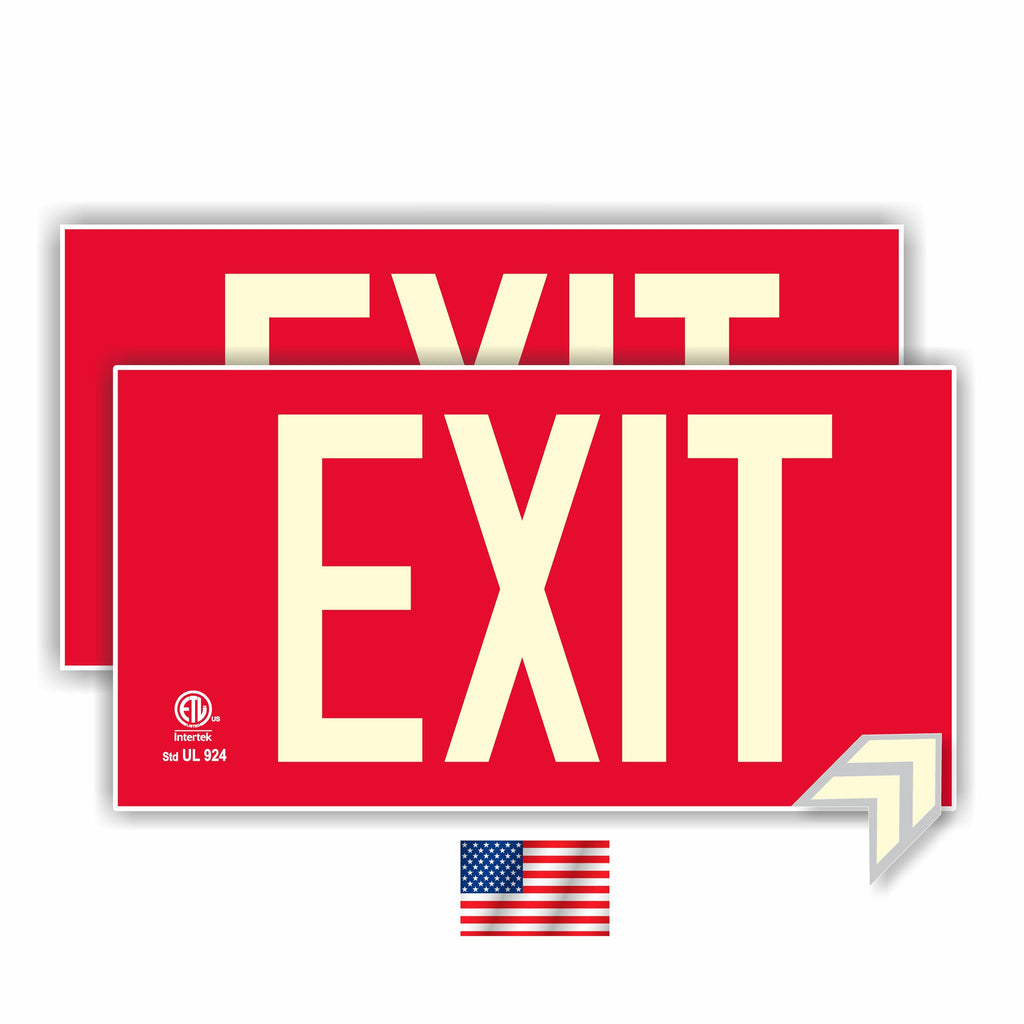 UL 924 Photoluminescent Exit Sign, Red, Pack of 2, Aluminum