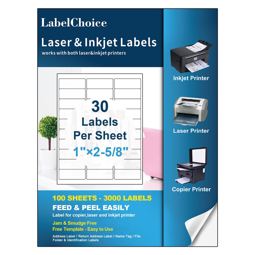 100 Sheets 3000 Pcs 30-up 1" x 2-5/8" Shipping Address FBA Labels for Laser & Inkjet Printers, 30 Up Labels 1 x 2-5/8 on US Letter,30 per Sheet Return Address Stickers, 30 per Page 1x2-5/8-100P