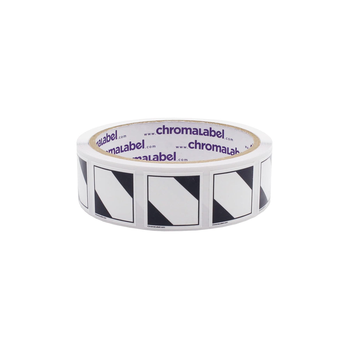 ChromaLabel 1-inch durable square D.O.T. hazard labels with pictograms, shown in a roll for industrial safety marking.