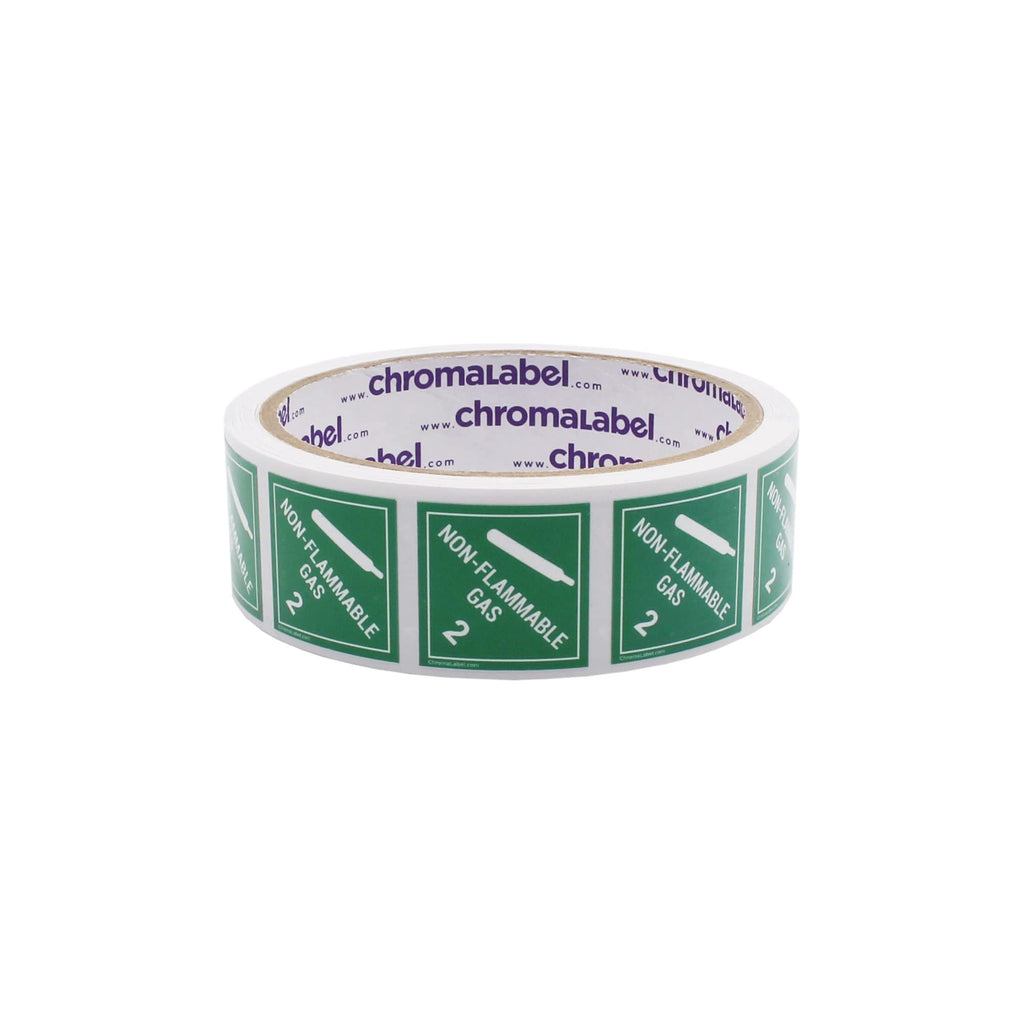ChromaLabel 1-inch durable square D.O.T. hazard label for non-flammable gas, Class 2, shown on a white background.
