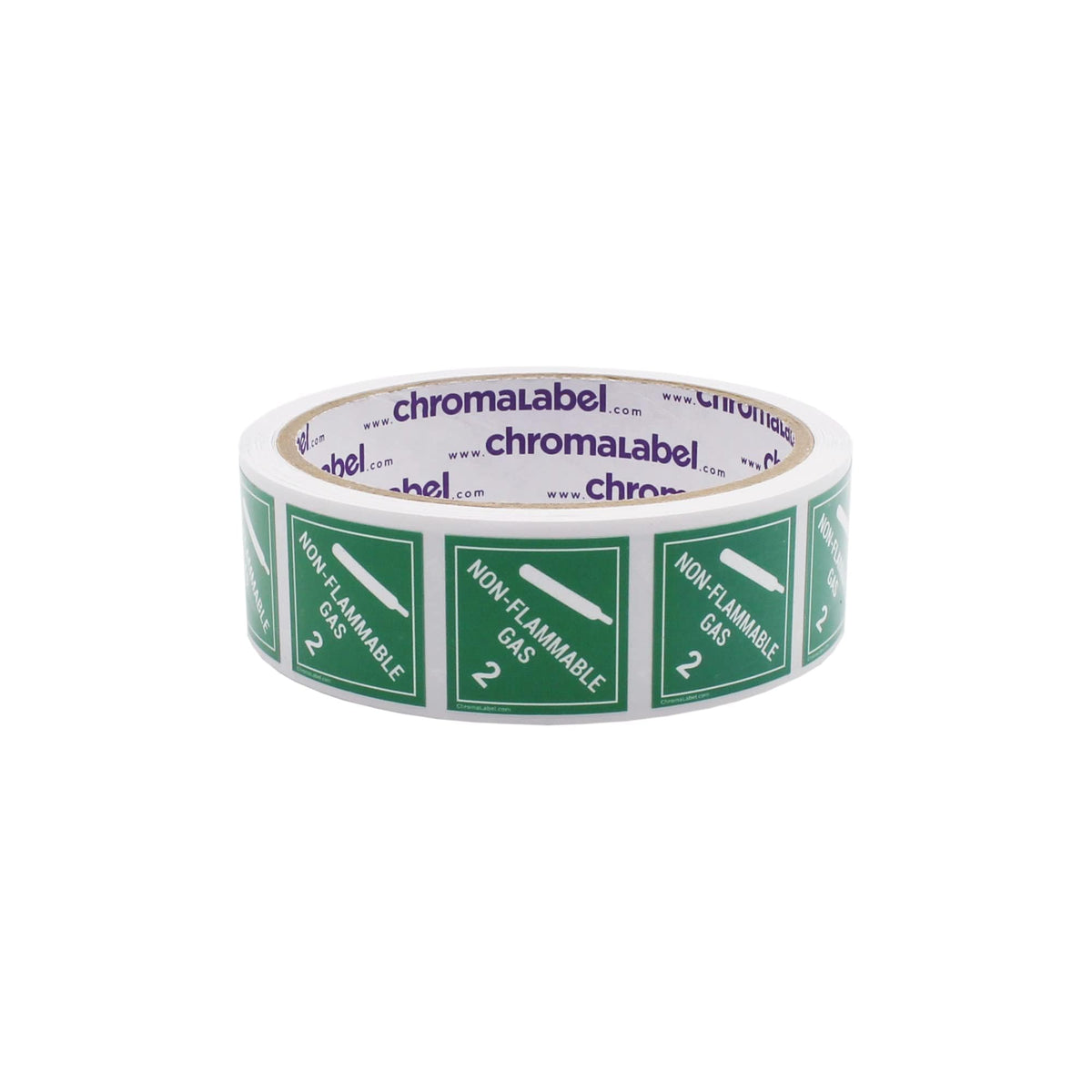 ChromaLabel 1-inch durable square D.O.T. hazard label for non-flammable gas, Class 2, shown on a white background.