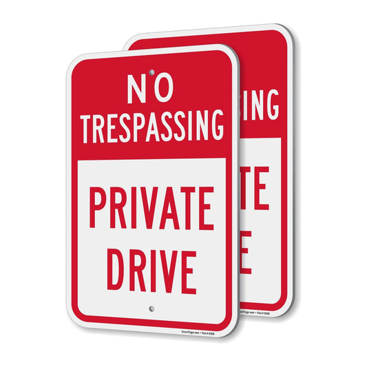 SmartSign No Trespassing Private Drive Sign - 2 Pack, 18 x 12 inch, 2mm Aluminum Composite, Pre-Drilled Holes, Red and White, Made in USA 12" x 18" ACM Reflective Aluminum Pack of 2
