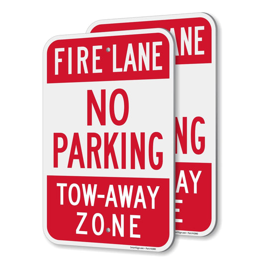 SmartSign Fire Lane No Parking Tow-Away Zone Sign - 2 Pack, 18 x 12 inch, 2mm Thick Aluminum Composite, Pre-Drilled Holes, Red and White, Made in USA 12" x 18"
