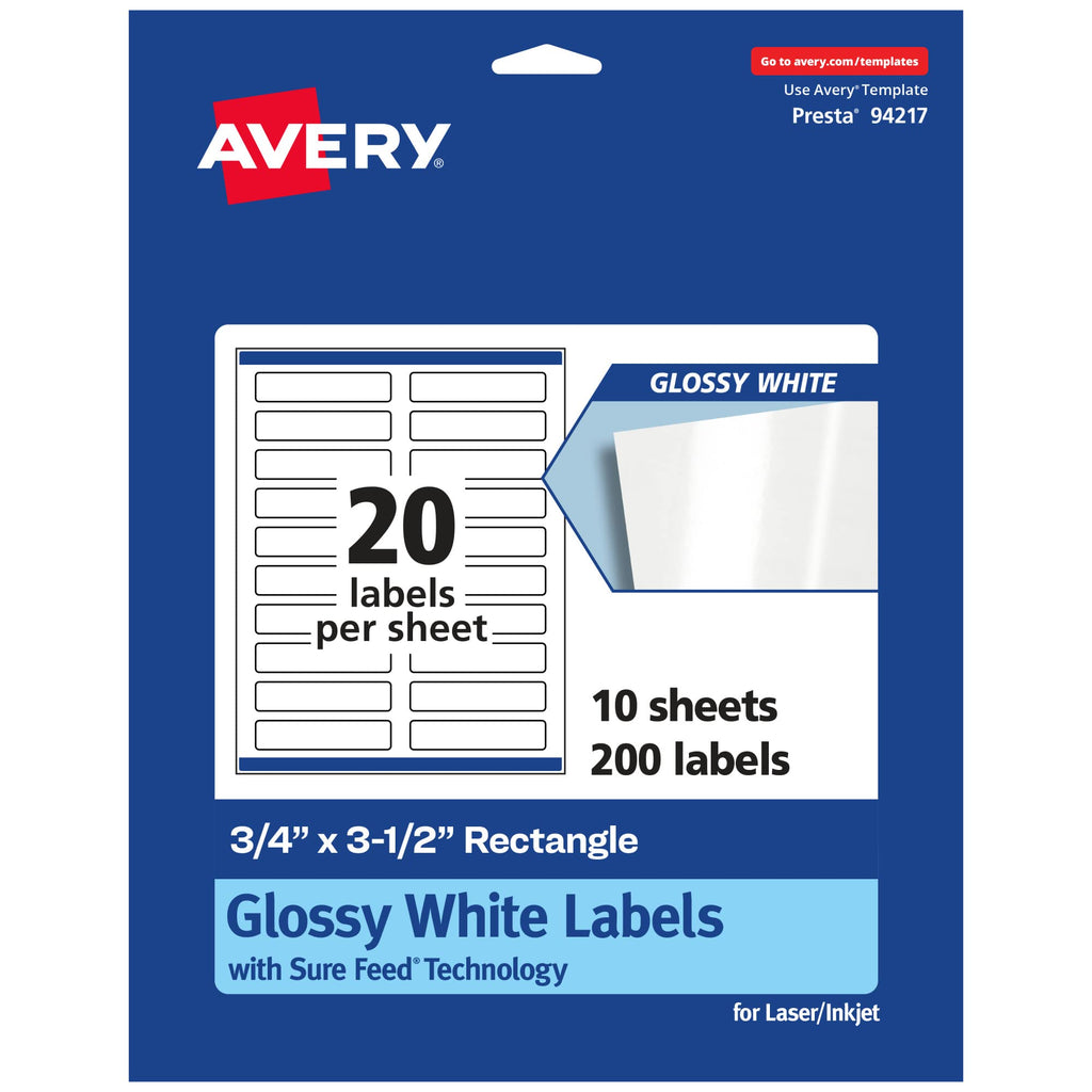 Avery Glossy White Rectangle Labels, Sure Feed Technology, 0.75" x 3.5", 200 Glossy White Labels, Print-To-The-Edge, Permanent Adhesive, Laser/Inkjet Printable 200 labels