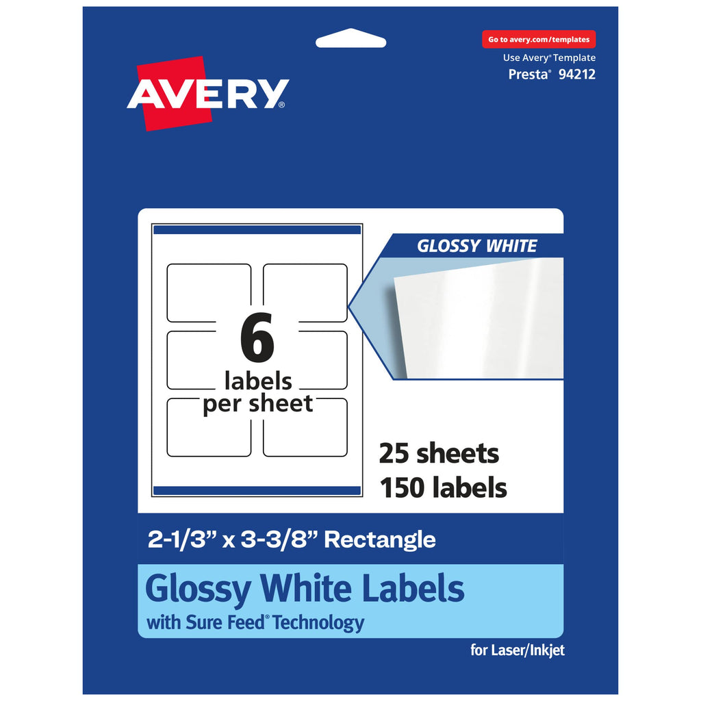 Avery® Glossy White Rectangle Labels, Sure Feed® Technology, 2-1/3" x 3-3/8", 150 Glossy White Labels, Print-to-The-Edge, Permanent Adhesive, Laser/Inkjet Printable 150 labels