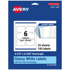 Avery® Glossy White Rectangle Labels, Sure Feed® Technology, 2-1/3" x 3-3/8", 150 Glossy White Labels, Print-to-The-Edge, Permanent Adhesive, Laser/Inkjet Printable 150 labels