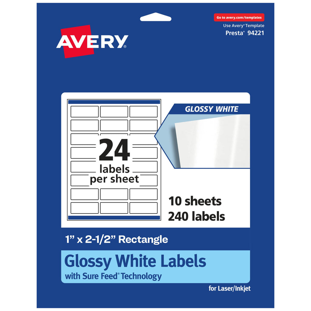 Avery® Glossy White Rectangle Labels, Sure Feed® Technology, 1" x 2.5", 240 Glossy White Labels, Permanent Adhesive, Laser/Inkjet Printable 240 labels
