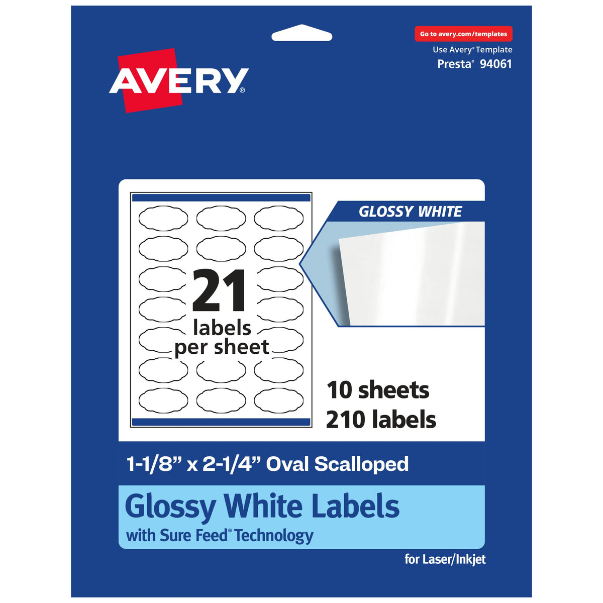 Avery® Glossy White Oval Scalloped Labels, Sure Feed® Technology, 1-1/8" x 2-1/4", 210 Glossy White Labels, Print-to-The-Edge, Permanent Adhesive, Laser/Inkjet Printable 210 labels