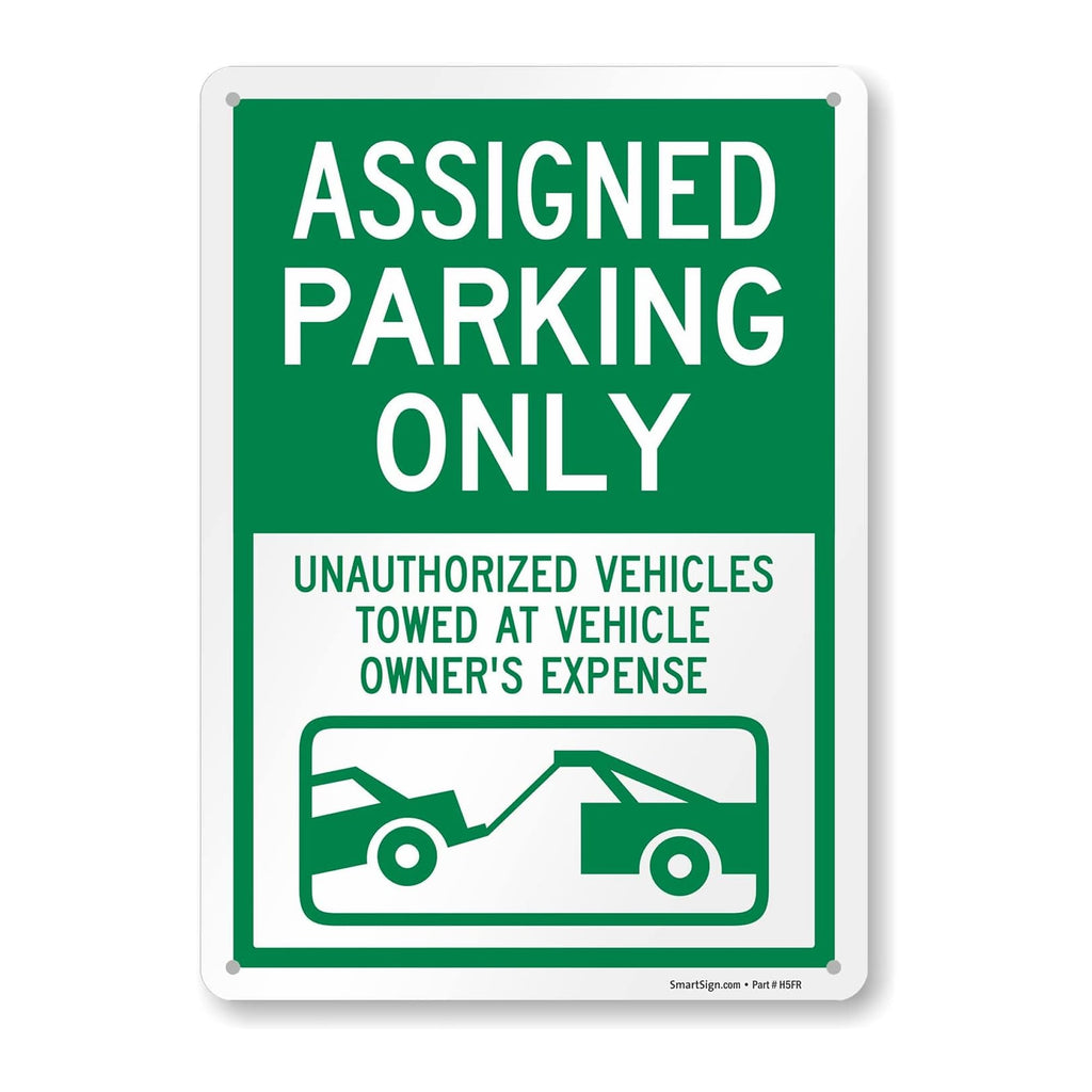 SmartSign 14 x 10 inch “Assigned Parking Only, Unauthorized Vehicles Towed” Metal Sign, 40 mil Laminated Rustproof Aluminium, White and Green, Made in USA 14x10 inches
