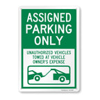 SmartSign 14 x 10 inch “Assigned Parking Only, Unauthorized Vehicles Towed” Metal Sign, 40 mil Laminated Rustproof Aluminium, White and Green, Made in USA 14x10 inches