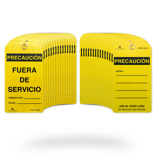 TRADESAFE Spanish Out of Service Tags, Fuera de Servicio - 30 Yellow Caution Sign with 30 Cable Ties, Durable 32 mil Vinyl, Caution Tags for Equipment Repair or Service, Accident Prevention