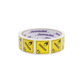 ChromaLabel 2x2 durable hazard label for Class 5.1 oxidizer, shown on a roll of 100 industrial D.O.T. hazard labels