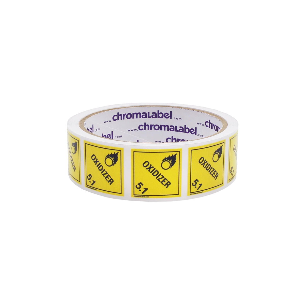 ChromaLabel 2x2 durable hazard label for Class 5.1 oxidizer, shown on a roll of 100 industrial D.O.T. hazard labels