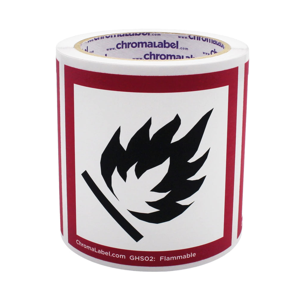 ChromaLabel 4x4 GHS02 Flammable hazard label roll showing bright red flame symbol for industrial safety labeling