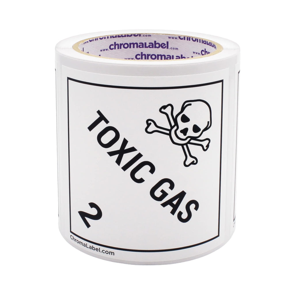 ChromaLabel 4x4 hazard label for toxic gas class 2, durable square D.O.T. industrial label on a roll, for safety and compliance.