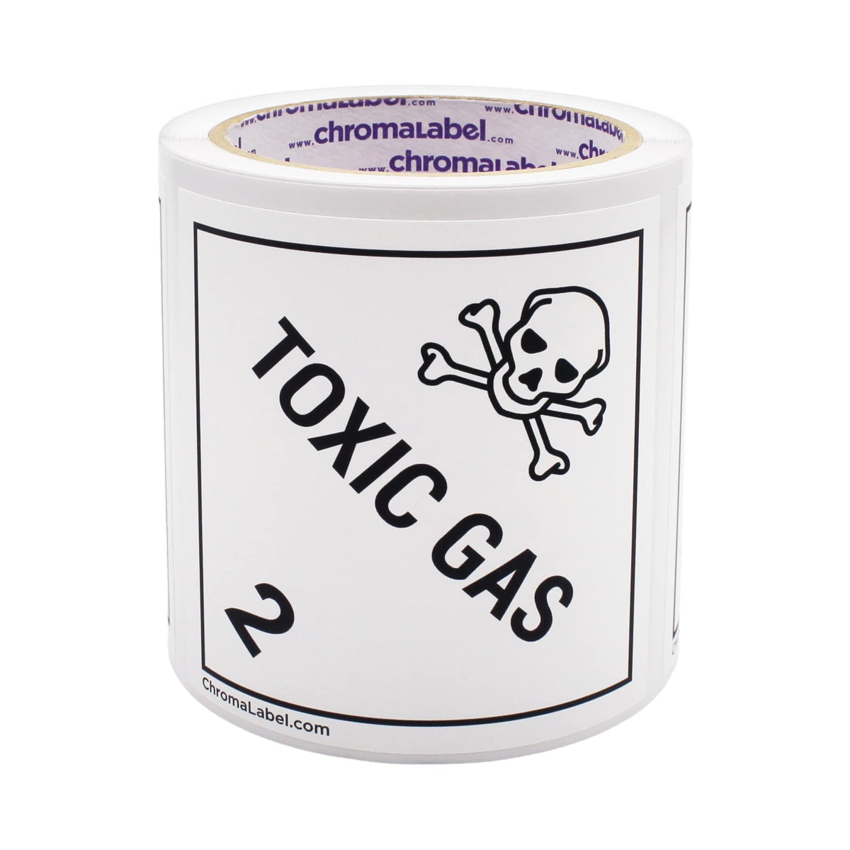 ChromaLabel 4x4 hazard label for toxic gas class 2, durable square D.O.T. industrial label on a roll, for safety and compliance.
